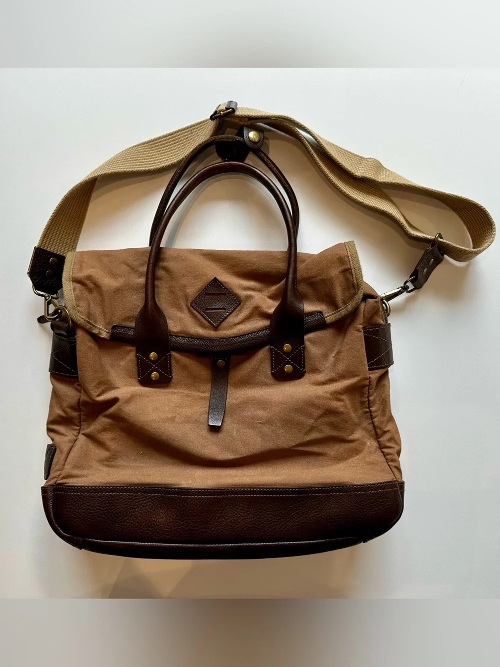 Will Leather Goods Canvas Leather Messenger Briefcase Brown Tan 15”